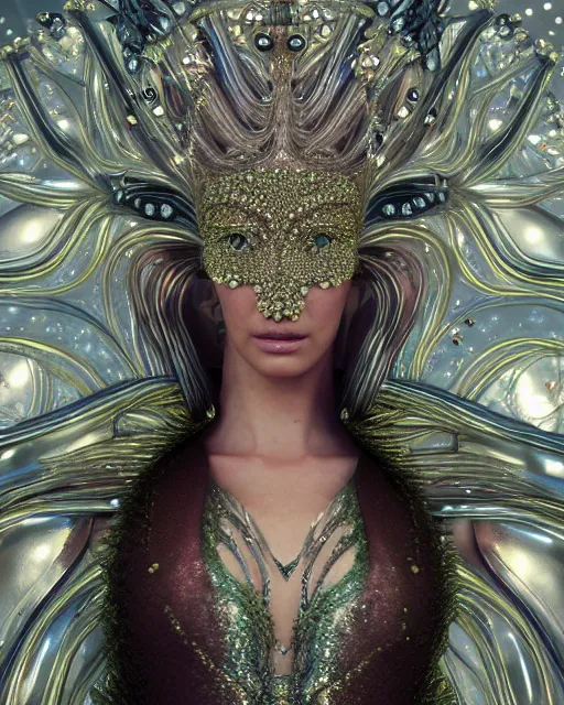 Image similar to a highly detailed metahuman 8 k close up render portrait of an alien goddess bella hadid as nymph in iris van herpen dress schiaparelli in diamonds crystals swarovski and jewelry iridescent in style of alphonse mucha gustav klimt trending on artstation made in unreal engine 4