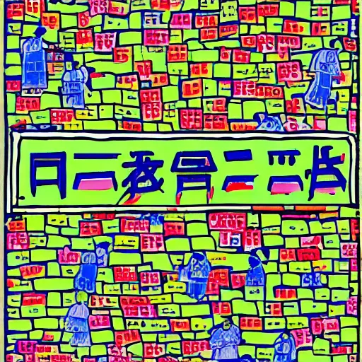 Image similar to a chinese prison, in the style of daniel johnston and outsider art, 8 k, line brush, minimal, brightly coloured, flat blocks of color, overlaid with chinese adverts