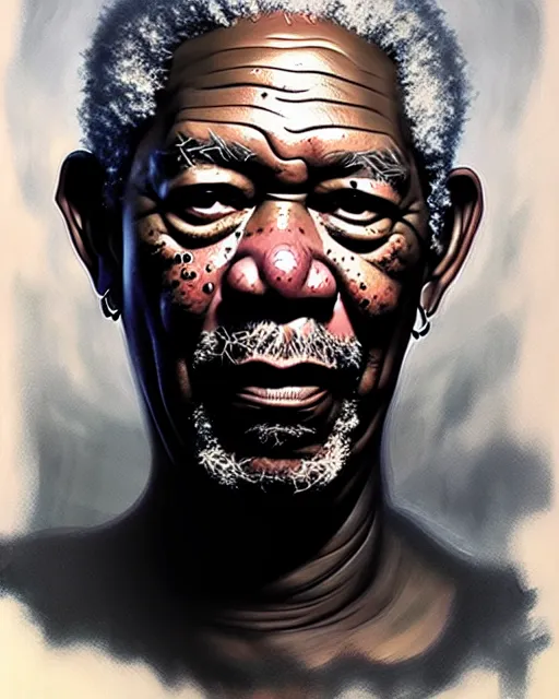 Image similar to morgan freeman as god of hell | | realistic shaded, fine details, realistic shaded lighting painting by greg rutkowski, diego gisbert llorens, magali villeneuve, artgerm, jeremy lipkin, michael garmash, rob rey