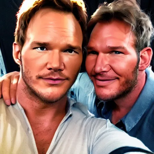 Image similar to chris pratt as indiana jones taking a selfie with harrison ford, instagram, cinematic, natural lighting, genuine smile