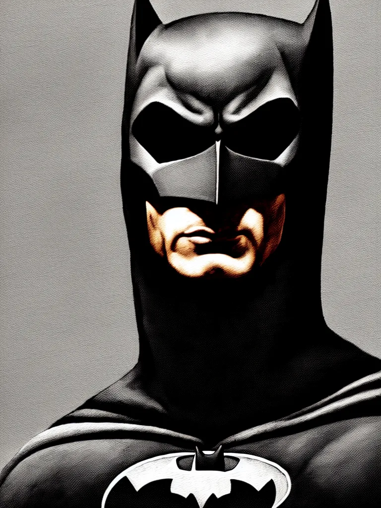 Image similar to portrait of batman only head and chest, intricate, desaturated, Hieronymus Bosch, oil on canvas, gouache painting, masterpiece, trending on artstation, cinematic composition, dramatic pose, sharp, details, hyper-detailed, HD, 4K, 8K