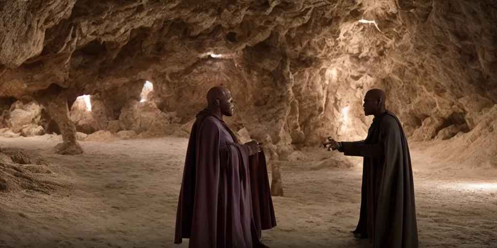 Image similar to obi - wan kenobi disney plus show, played by ewan mcgregor finds and discovers old mace windu is alive in a cave played by samuel l jackson, greet eachother, side by side, old friends, ultra realistic, 4 k, movie still, uhd, sharp, detailed, cinematic, render, modern