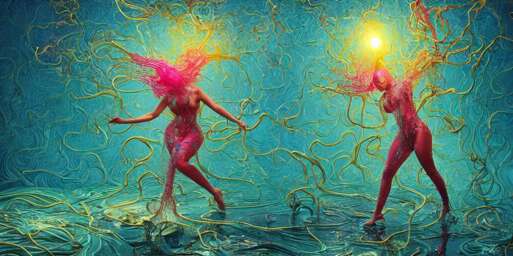 Image similar to nicki minaj | epic image of a glossy wet levitating floating fungus spirit with arms outstretched, made from colorful wet fungus tendrils. illustration by james jean, by ivan bilibin. uhd, amazing depth, glowing, golden ratio, 3 d octane cycle unreal engine 5, volumetric lighting, cinematic lighting, cgstation artstation concept art