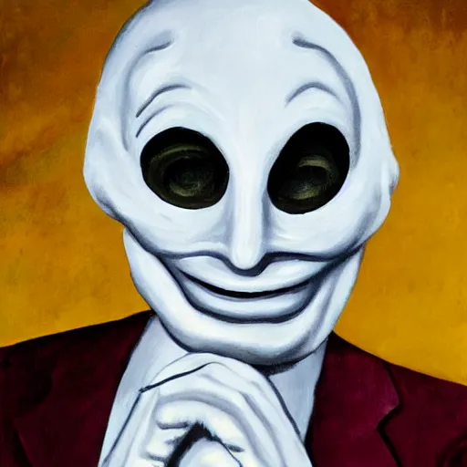 Image similar to pulcinella looks like mr burns, white clothing, mask, painted by antoinette kelly