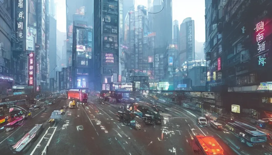 Image similar to Hong Kong in 2077, cyberpunk, steam covering the road,