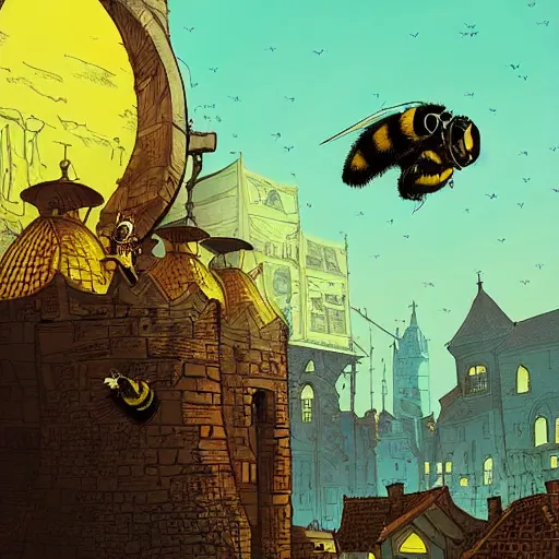 Prompt: bumblebee standing in a medieval town by kilian eng