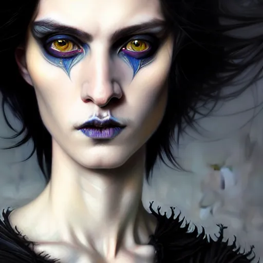 Image similar to portrait painting of an androgynous witch with shoulder length black hair pale skin and beautiful eyes wearing a punk clothes, ultra realistic, concept art, intricate details, eerie, highly detailed, photorealistic, octane render, 8 k, unreal engine. art by artgerm and greg rutkowski and magali villeneuve and alphonse mucha