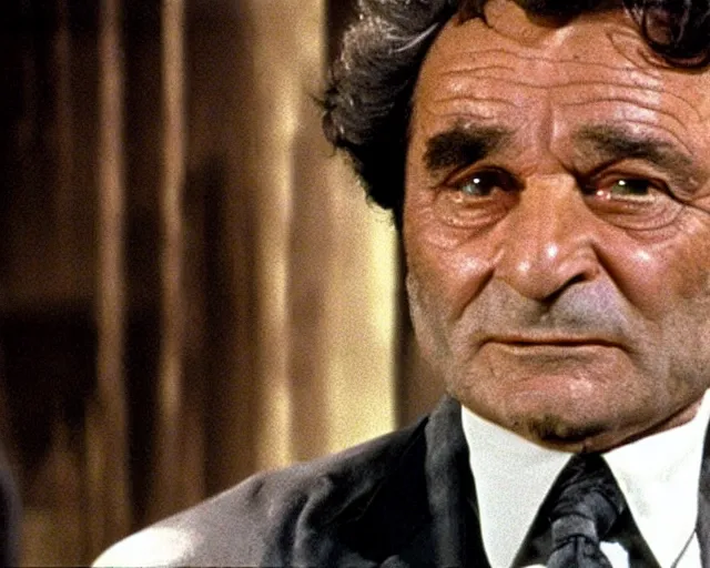 Prompt: peter falk as columbo interrogating missingno from pokemon, still shot