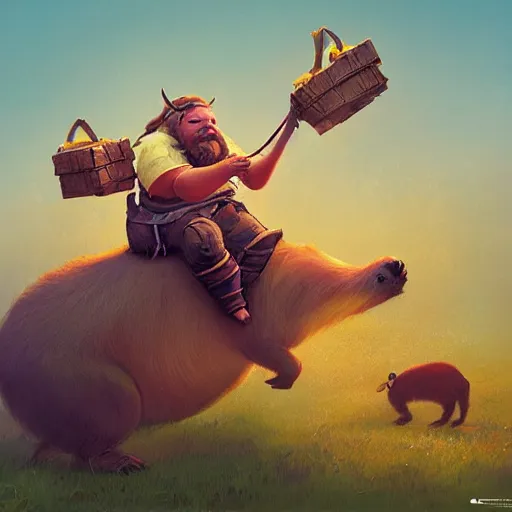 Prompt: Dwarf Riding a giant capybara carrying trinkets, camera underneath, art by World of Warcraft Art Direction and Sergey Kolesov, art station, concept art,