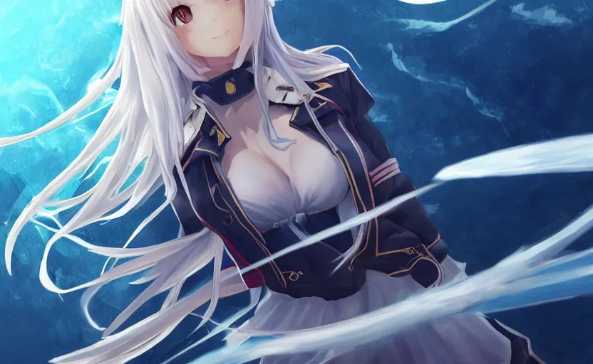 Prompt: character art, concept art, stunning, realistic lightning, realistic ocean, from the azur lane videogame, matte, sharp focus, intricate, 150mm, illustration, trending on pixiv, by mihoyo, realistic human anatomy, simple design, female sailor uniforms, clean line art, clean coloring, more contrast