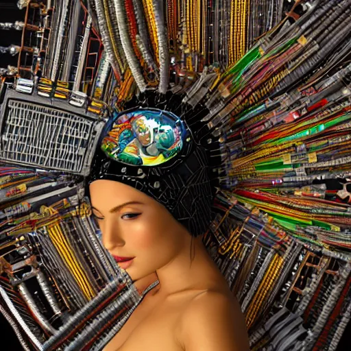 Image similar to give me a higher love, piles of modular synth cables, kawaii puerto rican goddess swimming up wearing a headpiece made of circuit boards, by cameron gray, wlop, stanley kubrick, masamune, hideki anno, jamie hewlett, unique perspective, trending on artstation, 3 d render, vivid