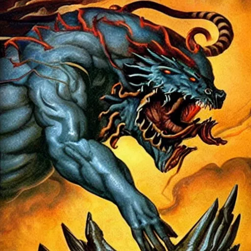 Image similar to TYPHON The deadliest MONSTER in Greek mythology and “Father of All Monsters”. Last son of Gaia, fathered by Tartarus and god of monsters, storms, and volcanoes. He challenged Zeus for control of Mount Olympus