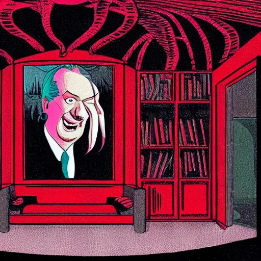 Prompt: Cthulhu lost inside the red room from Twin Peaks while David Lynch laughs in the background, mike judge art style, 90s mtv illustration W- 1920