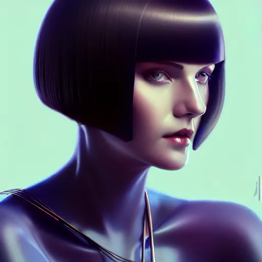 Prompt: woman with dark bobcut haircut with friendly blue eyes and slim features looking askance, cyberpunk bionics, retro - futurist style, intricate, elegant gleaming jewelry, angelic halo, highly detailed, digital painting, artstation, concept art, smooth, sharp focus, illustration, art by wlop, mars ravelo and greg rutkowski