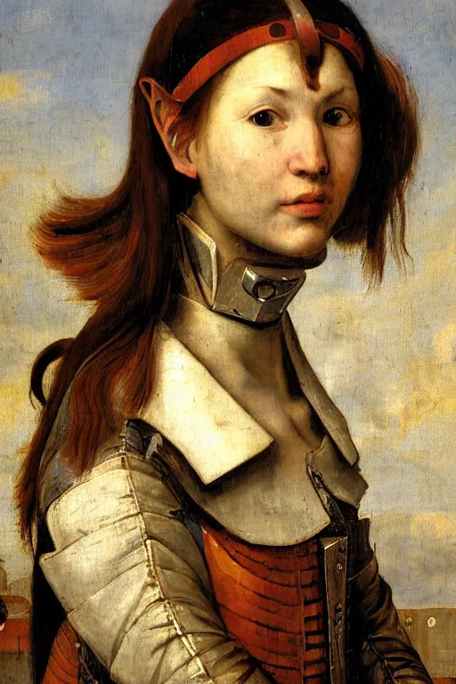 Image similar to a close - up portrait of a cyberpunk cyborg girl, by jan steen, rule of thirds