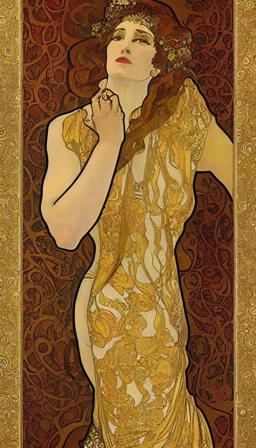 Prompt: a combination of the art styles of Alphonse Mucha and Gustav Klimt, gold leaf, faded colors