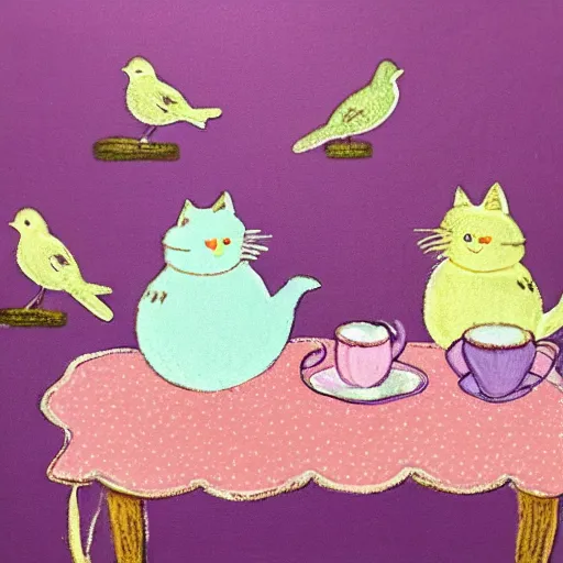 Prompt: a tea party with birds and kittens, pastel colors