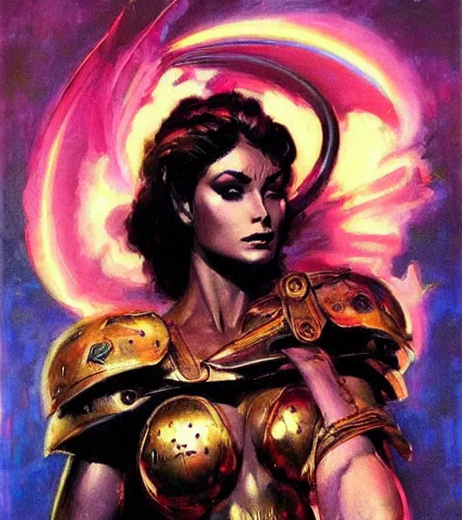 Image similar to portrait of strong iranian female chaos angel, beautiful! coherent! by frank frazetta, by brom, strong line, vivid neon color, shining metal power armor, iron helm, high contrast, maximalist