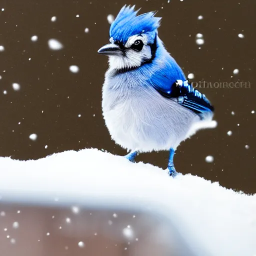 Image similar to the smallest most cutest most adorable little bluejay ever known or seen playing in a pile of snow during winter outside the window and trending on art station, stylized painting, high resolution, real life, photograph, photorealistic