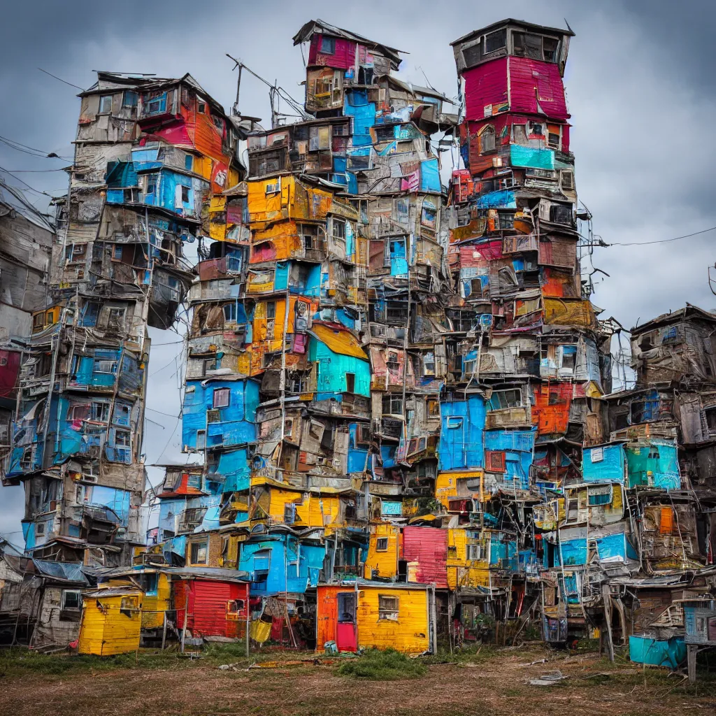 Image similar to a tower made up of colourful makeshift squatter shacks, dystopia, sony a 7 r 3, f 1 1, fully frontal view, photographed by jeanette hagglund, ultra detailed,