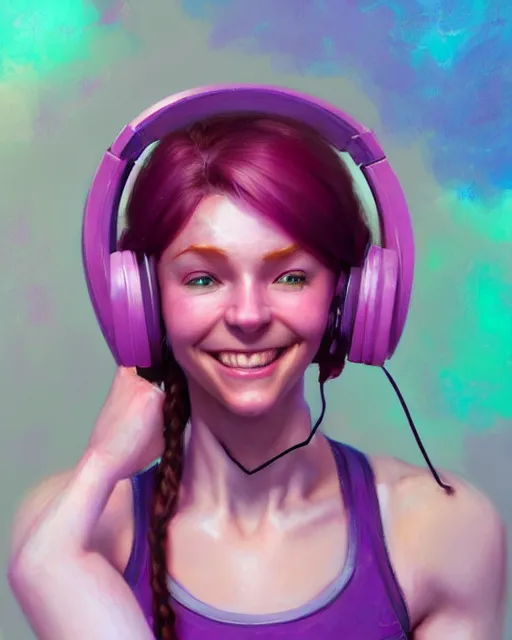 Prompt: cute female gamer smiling, perfect face, pink headphones, purple halter top, ginger hair, abs, cinematic, stunning, athletic, strong, agile, highly detailed, psychedelic, digital painting, artstation, smooth, hard focus, illustration, art by jessica rossier and and brian froud