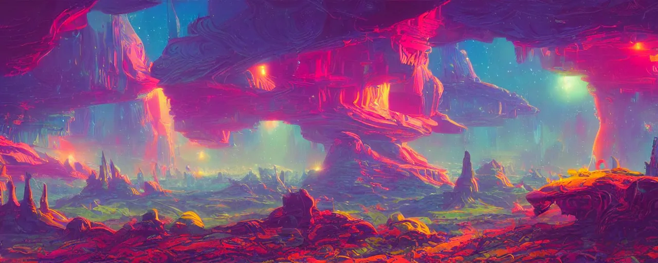 Image similar to ” mysterious and whimsical alien landscape, [ colorful, inviting, cinematic, detailed, epic, widescreen, opening, establishing, mattepainting, art by slop and paul lehr ] ”