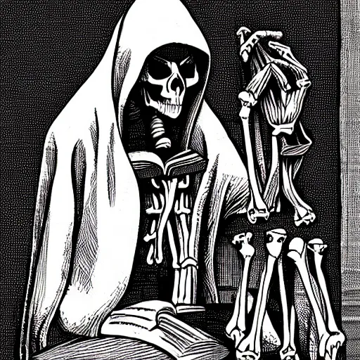 Image similar to Hooded figure with skeleton face reading a book, gothic