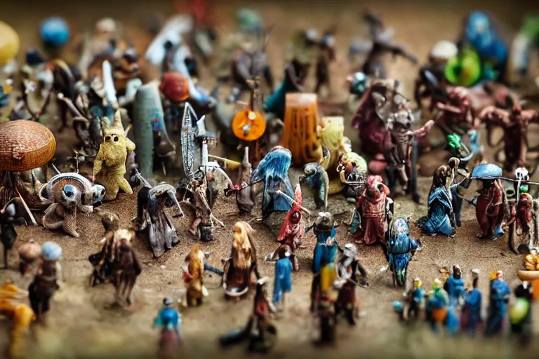 Prompt: miniature figurines of heironymus bosch monsters, tilt shift, product photography