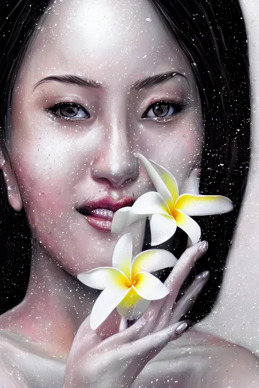 Prompt: ultra realistic illustration, portrait of smiling woman covered in white yogurt, plumeria tropical bouquet background, close up shot, fantasy, intricate, elegant, highly detailed, digital painting, artstation, concept art, smooth, sharp focus, illustration, surrealism