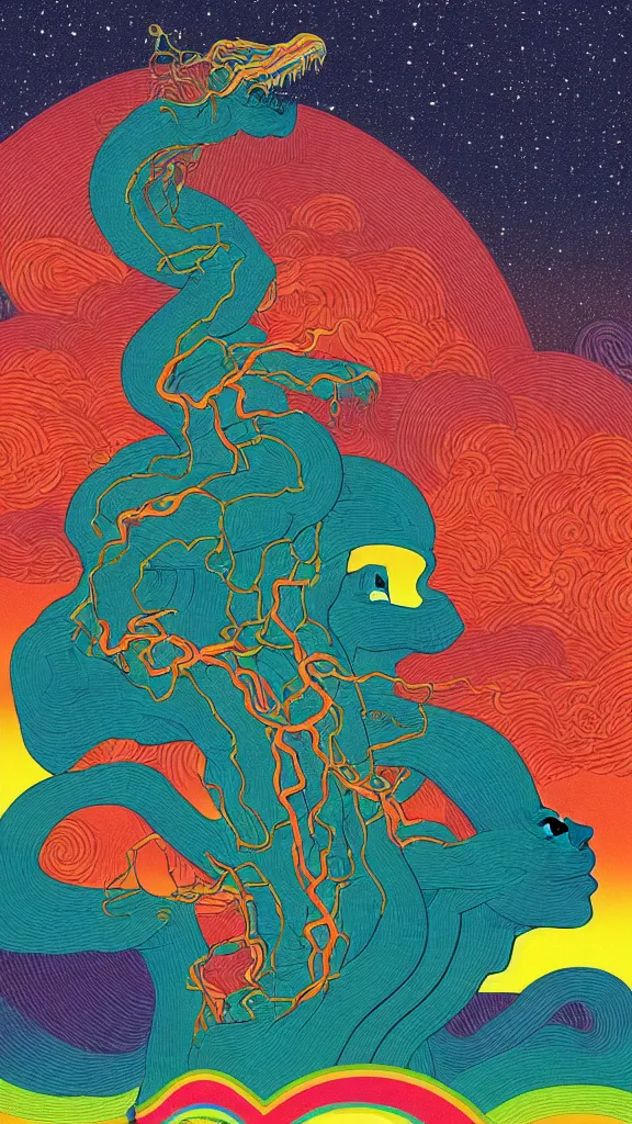 Prompt: a portrait of a lernaean hydra with human heads on an acid trip in a multicoloured rainbow in the cosmos, flat design, screen print by Kawase Hasui and dan hillier, 8k unreal engine