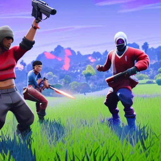 Prompt: a battle between the crips and bloods in fortnite