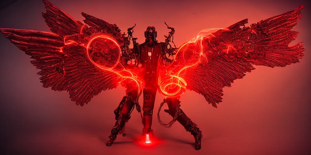 Image similar to pair of red mechanical demon wings, steampunk style, highly detailed, red houdini particle effects, glow, black background