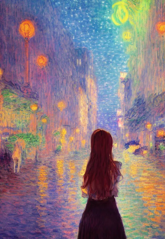 Prompt: wide angle portrait of a teenage girl, a thrifty outfit, very anime in impressionist style, city street view background, starlit night sky, trending artwork, anime painter studio, by claude monet