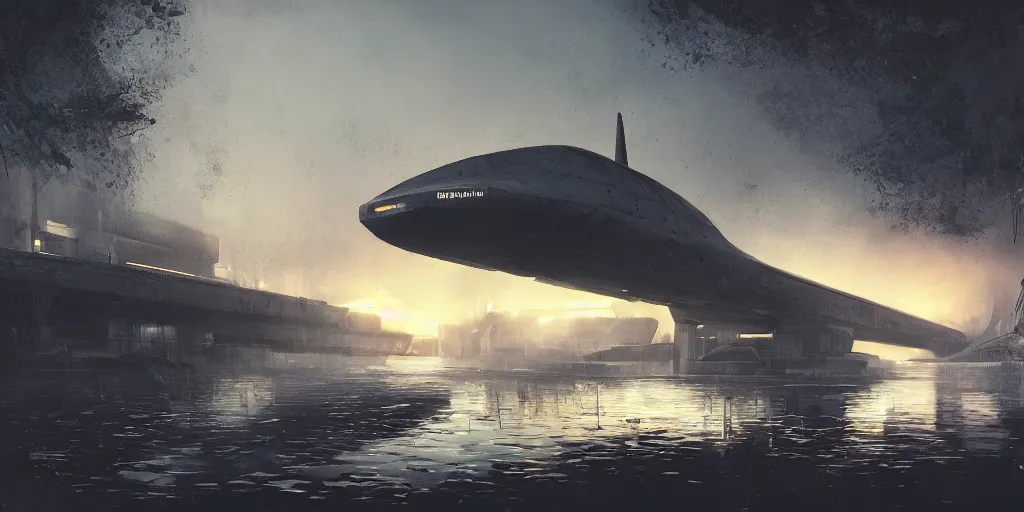 Image similar to render of huge futuristic submarine, by Ian McQue, Rutkowski, lee madgwick and hubert robert, concrete building by le corbusier on the background, puddles of water, trees and bushes, dune style, neon glow, vivid color, moody lighting, unreal engine, bright sunrise, epic skies, foggy