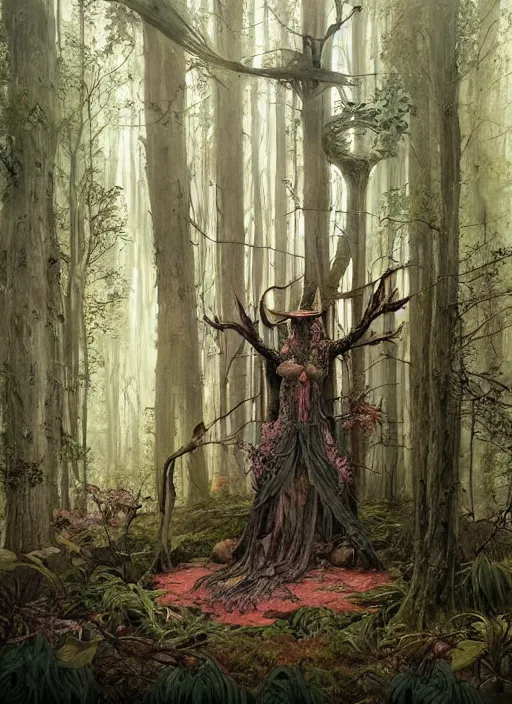 Image similar to a hyper realistic witch shrine in the woods gorgeous lighting, lush forest foliage painting by chiara bautista and beksinski and norman rockwell and greg rutkowski weta studio, and lucasfilm