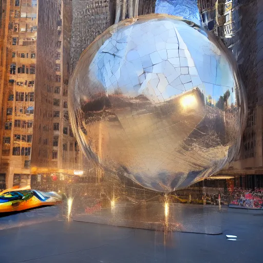 Image similar to a giant foil ball in New York City, photorealistic, HD, 960