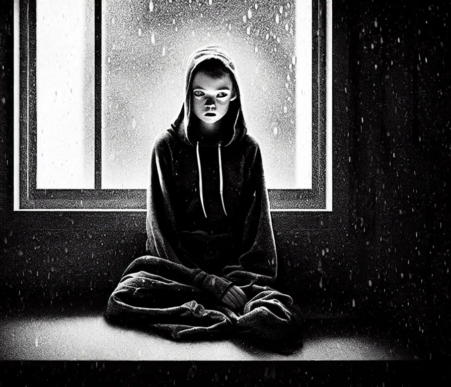 Prompt: sadie sink in hoodie sits on windowsill, knees tucked in | rain falls at night : storyboard, scifi cyberpunk, b & w. by gabriel hardman, joe alves, chris bonura. cinematic atmosphere, detailed and intricate, perfect anatomy