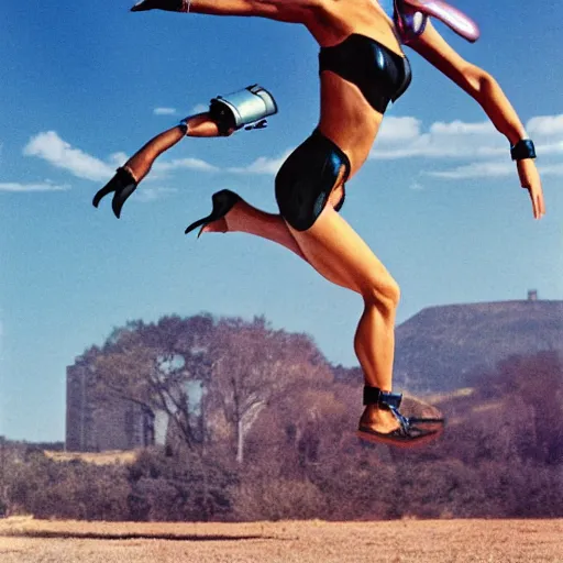 Image similar to a solarpunk cyborg jumping, jete, in the syle of helmut newton, herb rits, hyperrealistic photograph, 8 k