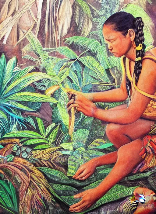 Image similar to a beautiful painting of an indigenous female doing crafting of a fabric in the jungle, realistic face, ayahuasca, fantasy art style