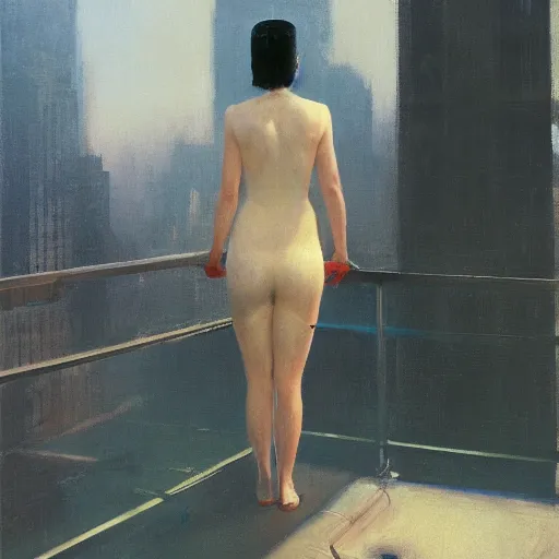 Prompt: rachael from bladerunner in vr helmet standing on the ledge by jeremy mann and edward hopper