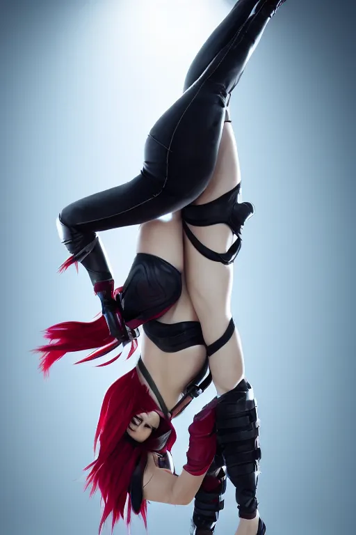 Image similar to Katarina from League of Legends doing a backflip, photorealistic, studio lighting, white ambient background, highly detailed