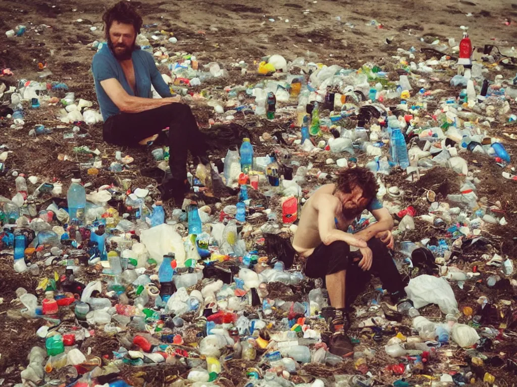 Image similar to lorenzo cherubini jovanotti alone crying surrounded by plastic bottles and garbage on a beach, polaroid color photo, ultra realistic