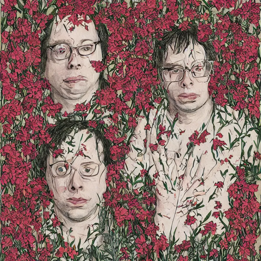 Image similar to todd solondz john zorn male portrait of the john zorn todd solondz of the underworld puking blood surrounded by flowers by karol ba