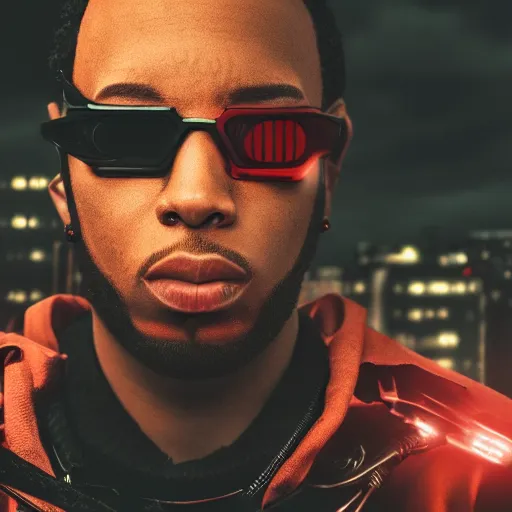 Image similar to hero angle of cyberpunk Ludacris, highly detailed, sharp focus, cyberpunk style, cyborg, futuristic, 8k, 35mm, cinematic lighting