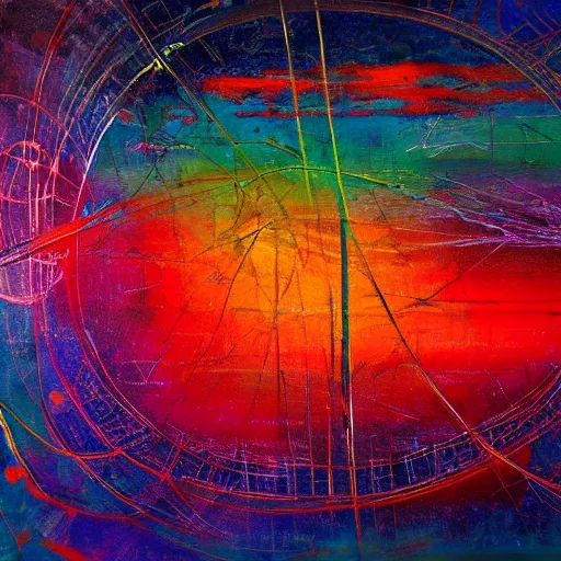 Prompt: elysium mothership retribution scarce color palette cold power-line alienated scenery in a dream subconscious cavern sacred geometry canvas carefully structured abstract expressionism oil painting by Eemre Aaa (2041)