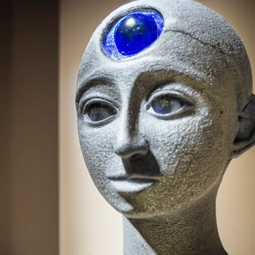 Image similar to medium - shot museum photo of ca 2 5 0 0 statue eye thick lapis lazuli beveled to hold the white limestone which forms the eye's sclera which is drilled to receive the black stone pupil, studio lighting, professional, promo,