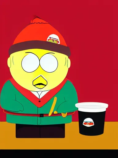 Image similar to portrait of scarface as cartman from south park, holding a bucket of kfc, a line of gravy on the desk in front of him, collage, paper cutout, flat design, papercraft