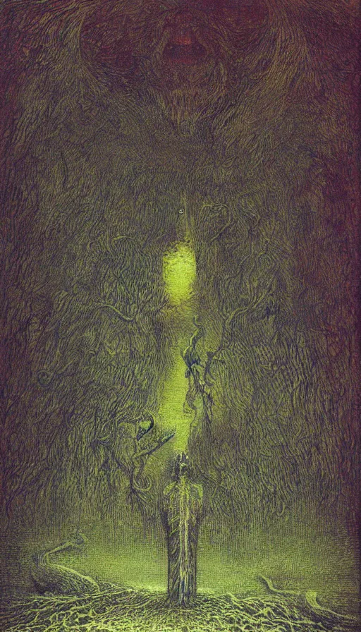 Image similar to forbidden knowledge, madness, the eldritch king in yellow by beksinski, tarot card, strange frames, ghibli