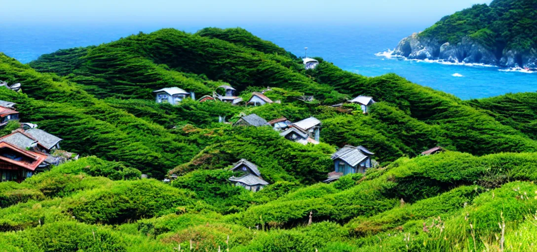 Image similar to studio ghibli hilly countryside and ocean