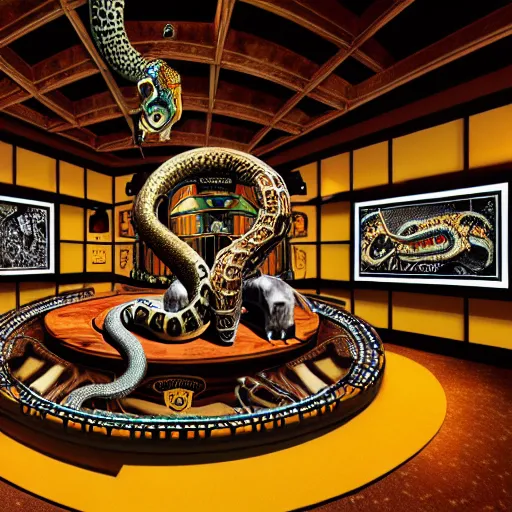 Image similar to interior view of a clockwork steampunk snakeprint temple, rolex alien golf course liminal space, buffalo wild wings las vegas temple interior liminal space, cowboy leopard with snake boots from tekken